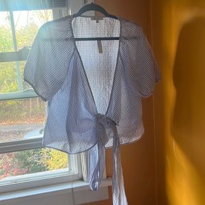 Blue and white gingham wrap top